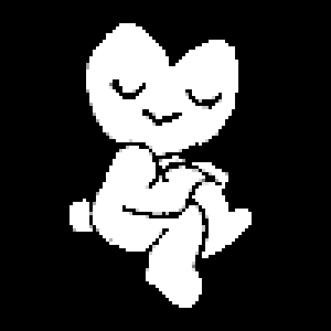 9vvin sitting cross-legged, peacefully smiling. Grayscale pixel art.
